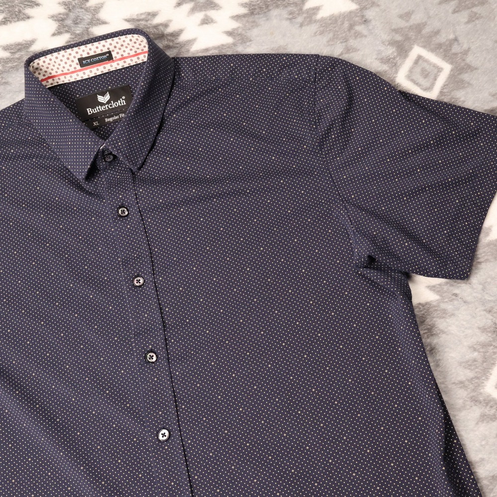Buttercloth Icy Cotton Navy Blue Starburst Print Short Sleeve Shirt Mens XL